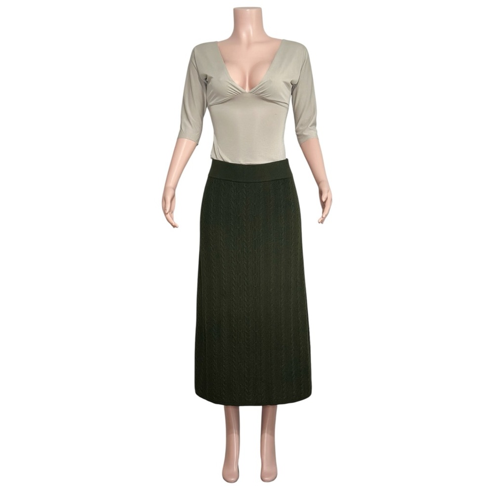 SÉZANE Marilou Merino Wool/Cotton Cable Knit Midi Skirt, Khaki, Large - Picture 12 of 13